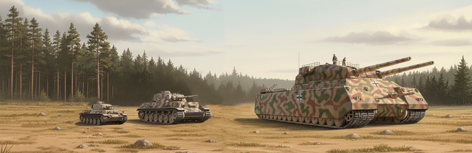 Montage repr&eacute;sentant un tank Panzer IV (&agrave; gauche), un Panzer VIII Maus et un Landkreuzer P.1000 Ratte (&agrave; droite)