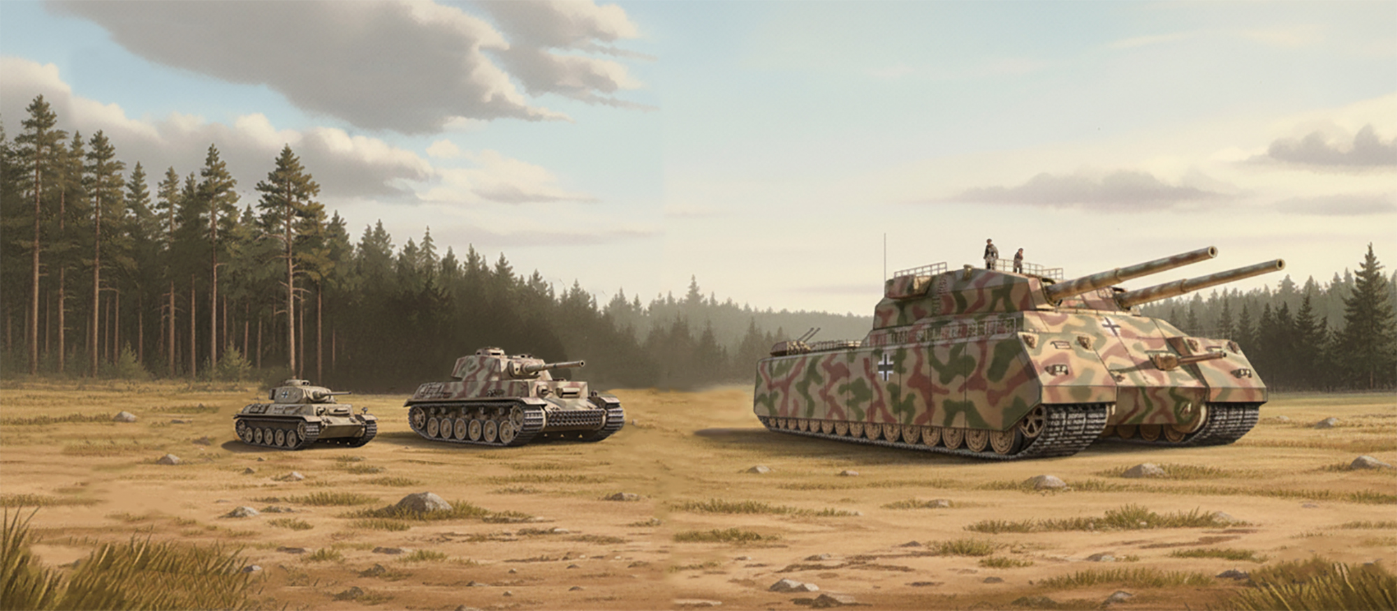 Montage représentant un tank Panzer IV (à gauche), un Panzer VIII Maus et un Landkreuzer P.1000 Ratte (à droite)
